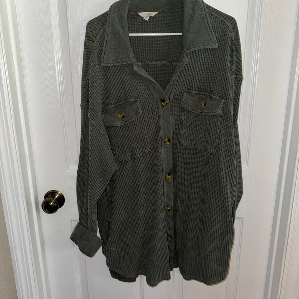 Casual Olive Green Waffle Knit Shirt